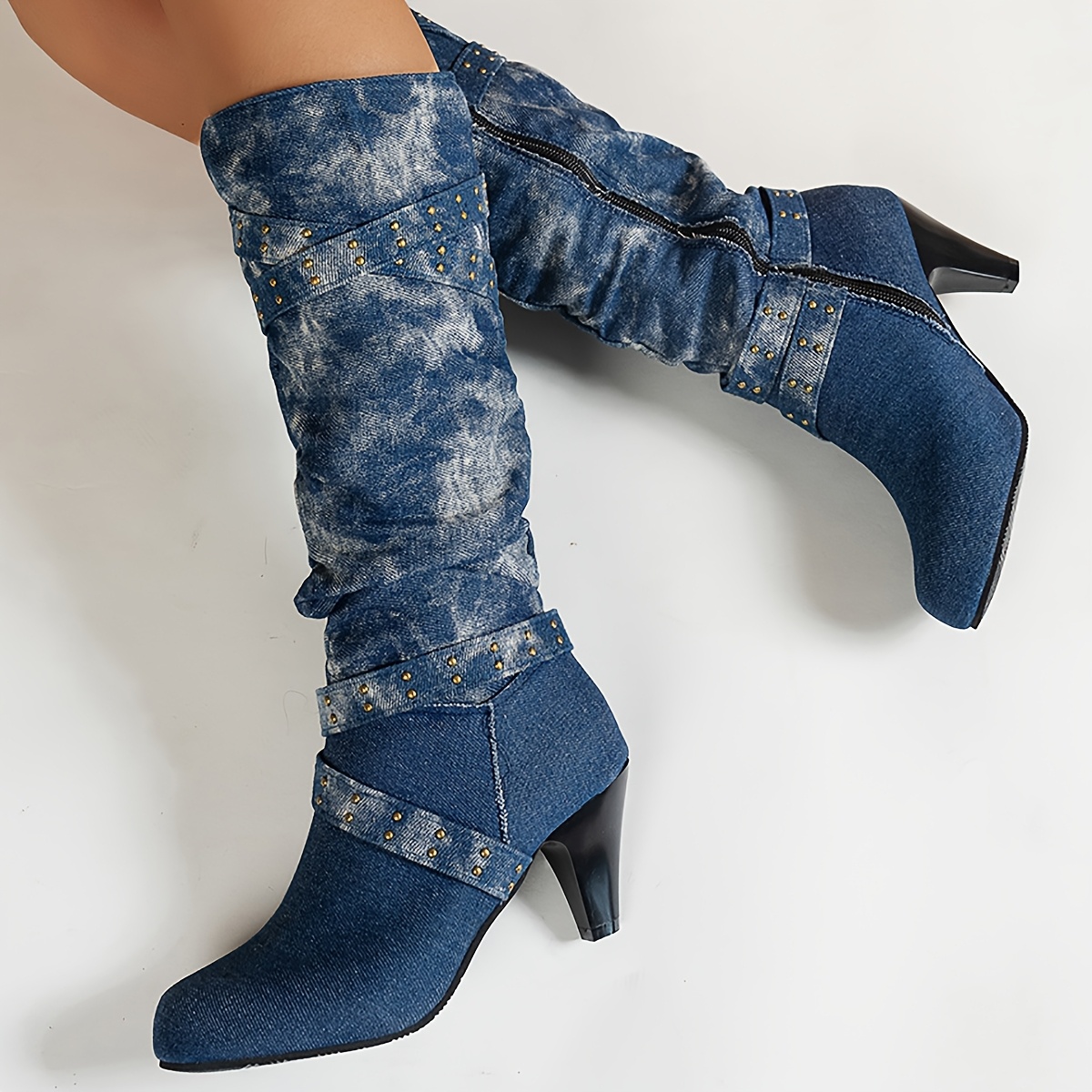 

Stylish Women's Knee-high Boots In Blue Denim With Golden Stud Accents - Comfortable Flat Heel, Side Zipper, Pointed Toe, And Pvc Sole For Casual Attire