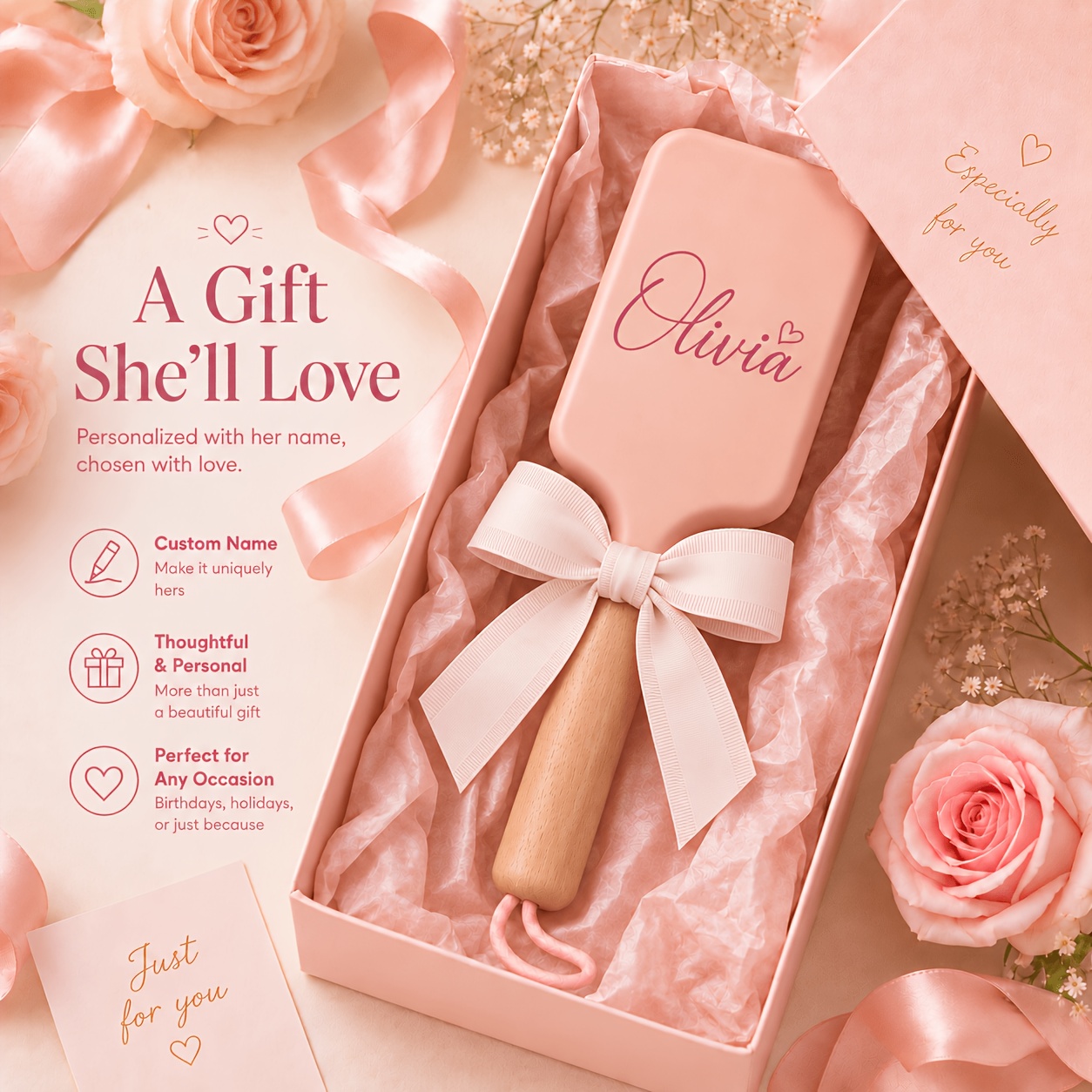 TEMU Peigne à airbag personnalisé avec manche en bois, Brosse à cheveux pagaie rose personnalisée avec nom, Brosse démêlante à coussin premium avec