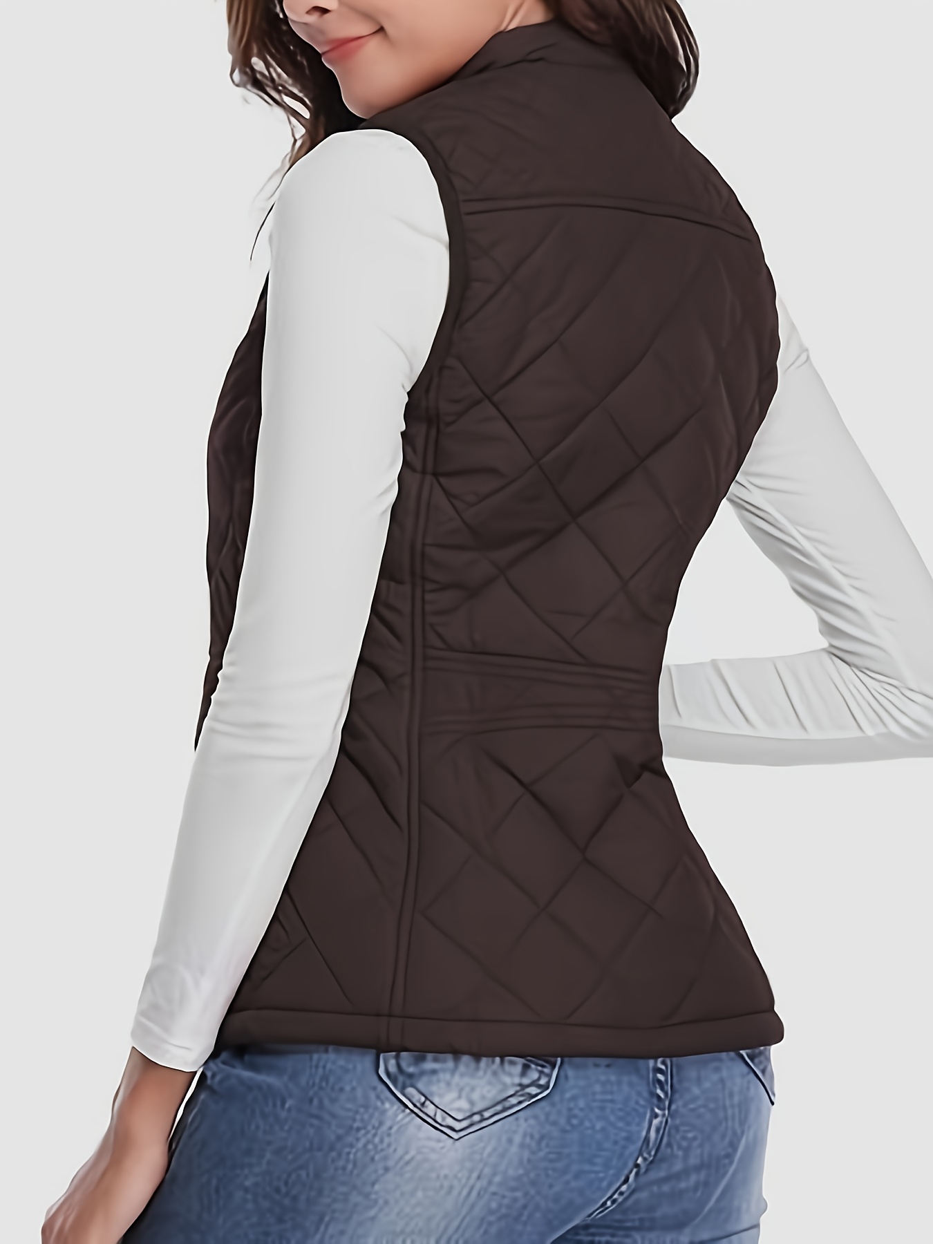 womens stand up collar lightweight vest with stitching and zipper back details 51