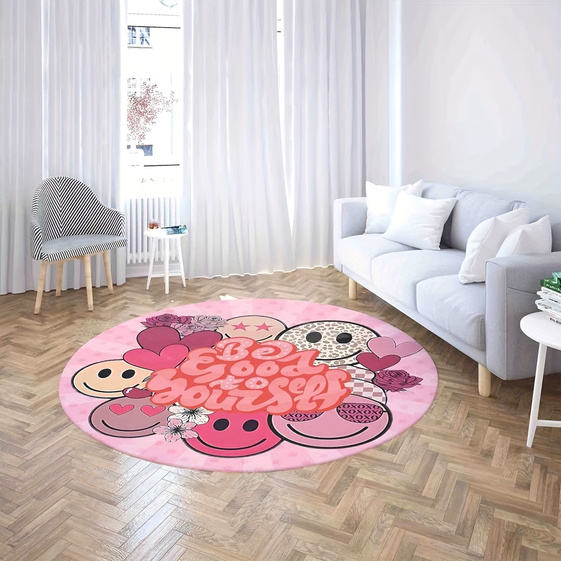 

1pc Anti-slip Polyester Area Rug With Cheerful Faces And Inspirational Quote, Hand Washable Braided Rug Pad For Living Room And Kitchen, Medium Density 480g/m², Thickness 1cm