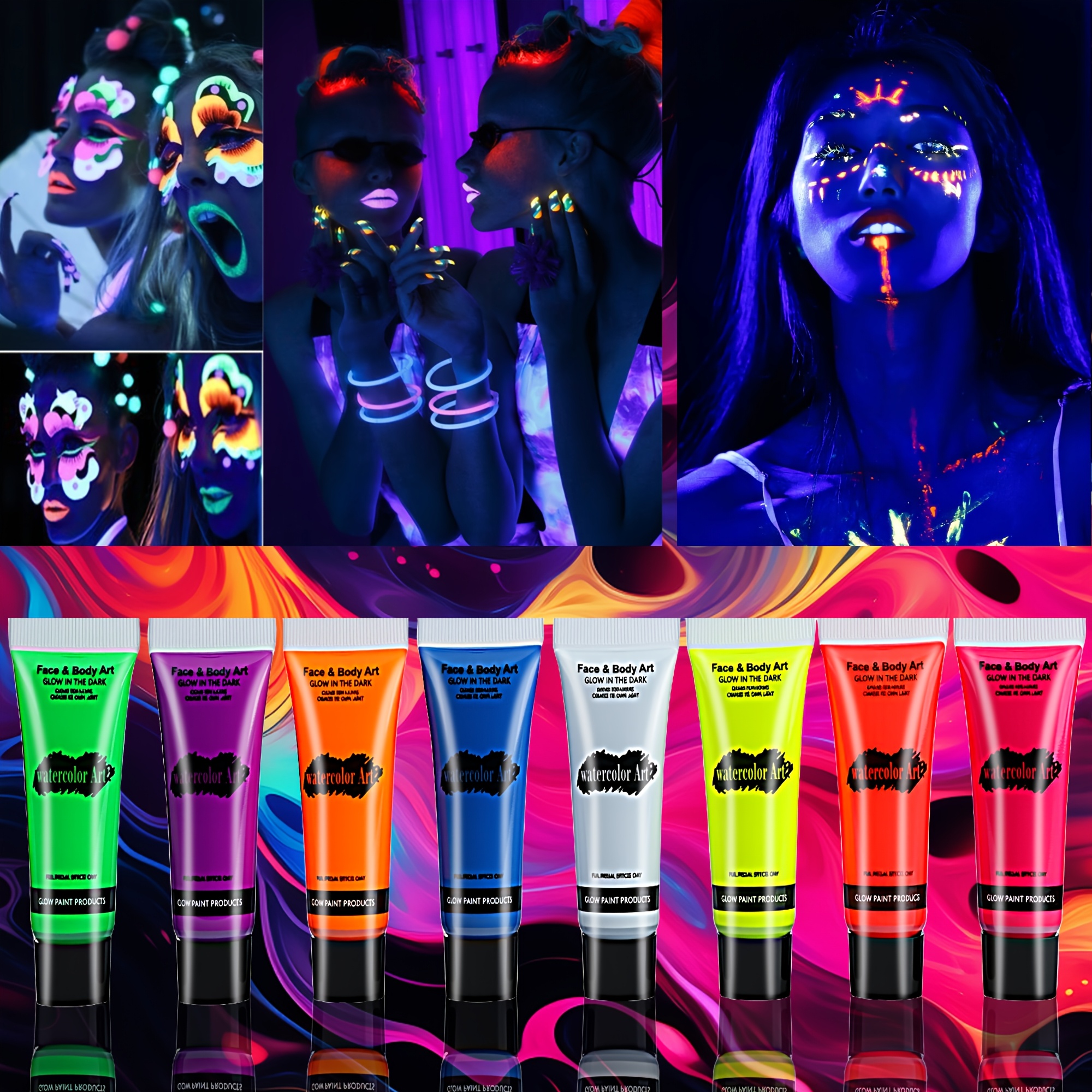 Image of 8-color Bright Face And Paint Set - Washable Neon Fluorescent Body , Glow In The Dark Party Decorations, Black Light Reactive Makeup, Suitable For Themed Parties, Atmosphere Decor