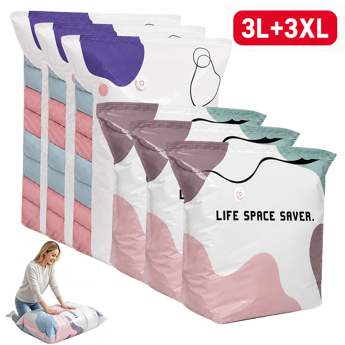 TEMU 6pcs Pump-free Compression Storage Bags, Reusable No-vacuum Space Saver Bags For Clothes, Comforters, Quilts & Bedding, Press-to-compress Travel