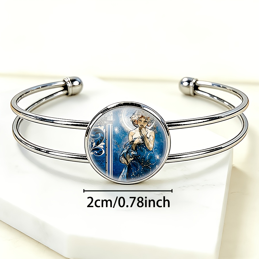 Women's Adjustable Open Bangle Bracelet with Round Time Gemstone Inlay
