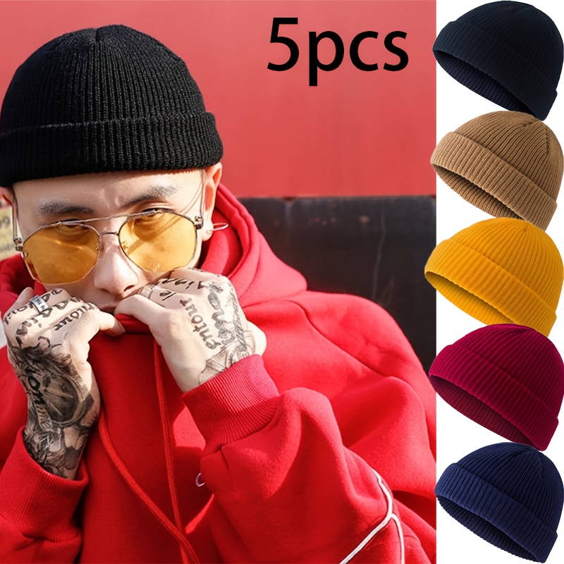 Image of 5pcs Set Unisex Brimless Beanie Short Ribbed Brimless Beanie Lightweight Warm Winter Headwear Autumn And Winter Solid Color Landlord Watermelon Hat