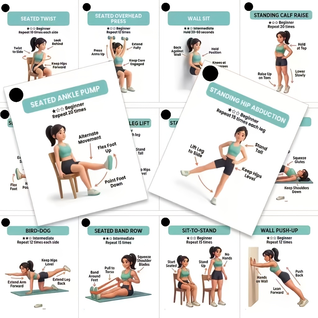 E-shop Anfängerfreundliche Übungs-Karten - Leicht verständliche Workout-Karten, Leichte Übungen | Benutzerfreundliche Fitness-Lernkarten für Senioren