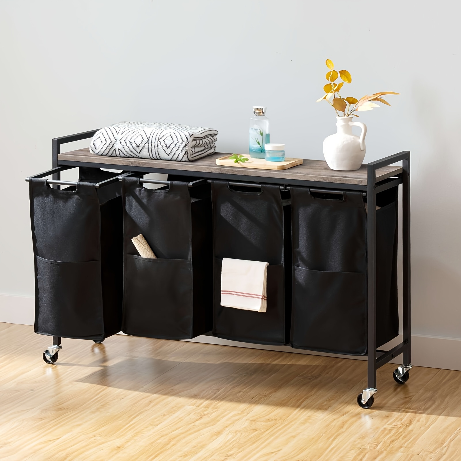 TEMU y Negro, Marrón y Negro, Clasificador de Ropa 4 Secciones, Cesto de Ropa, Cesta de Ropa con Ruedas, 4 × 10.5 Gal (39.8L), Carro Rodante, Bolsas