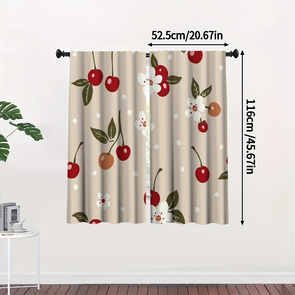 TEMU 2pcs Cherry Print Polyester Curtains - Hd Digital Printing Light Filtering Rod , Machine Washable For Study Dining Room Home Decor (no Pole