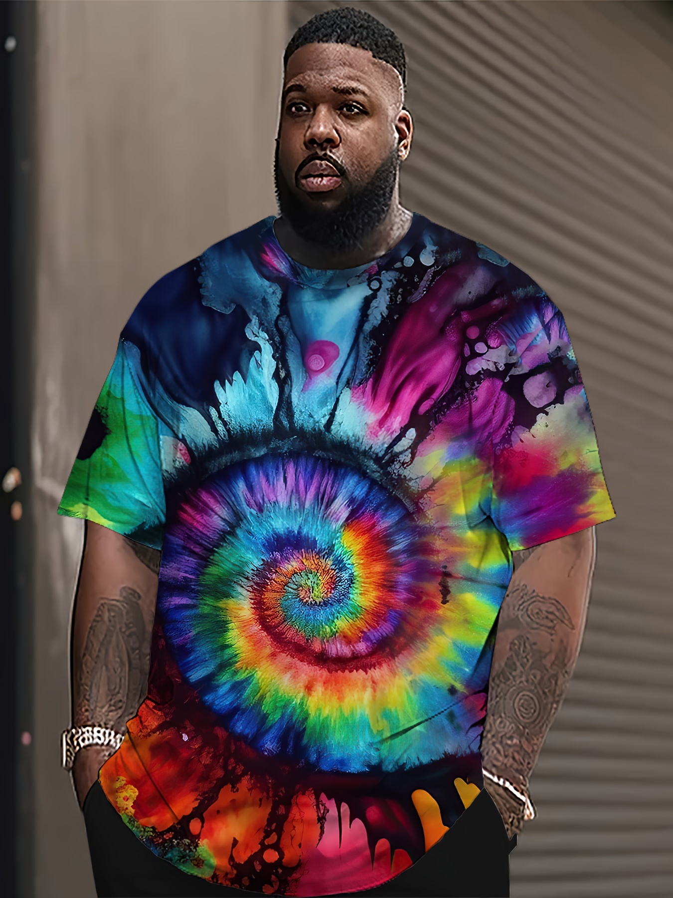 Plus Size Tie-Dye T-Shirt for Men | * * Abstract Pattern | Casual Sports  Crew Neck | Polyester 95%, Spandex 5% | * Stretch Knit Fabric | Regular Fit  * | Vibrant All * | Summer Outdoor Wear, image size:800x1067