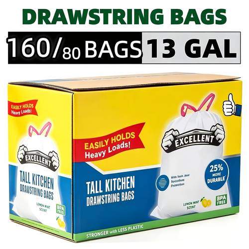 13 gallon box packaged disposable garbage bags 160pcs 80pcs puncture and tear resistant bags with drawstring design leak proof and deodorant technology suitable for and household large trash bins