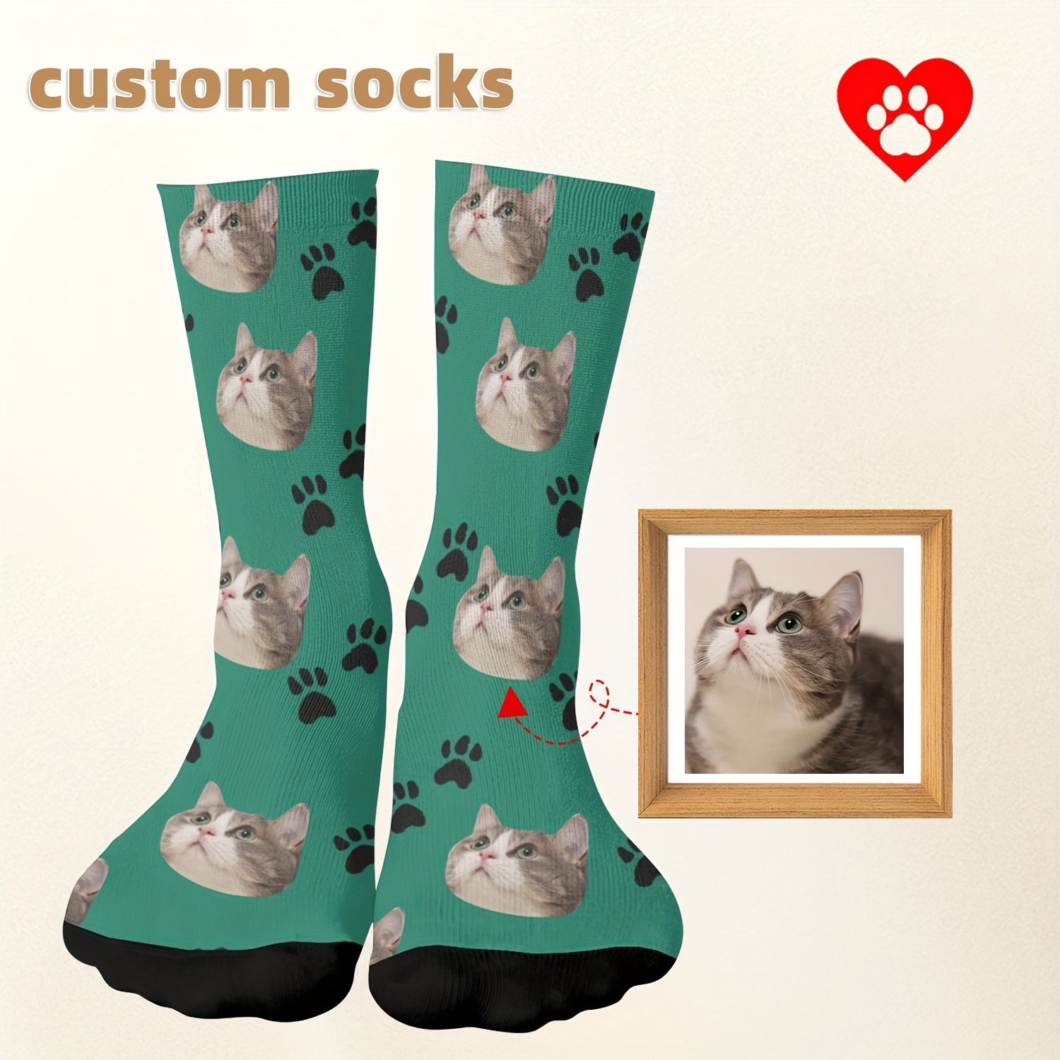 

[gentle Care] Customizable Cat Photo Socks - Personalized Pet Accessory, Green With Prints, Polyester Knit, For Small To Extra Large Cats