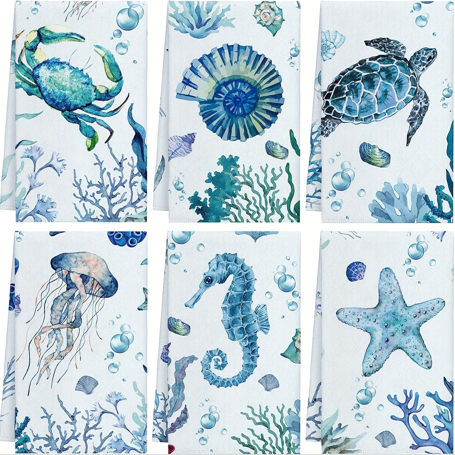 

6pcs Sea Animal Printed Kitchen Fingertip Towels, Absorbent & Comfortable Hand Towels, Decorative Tea Towels Gift Perfect For Neighbors And Friends, Kitchen Decor, Home Supplies