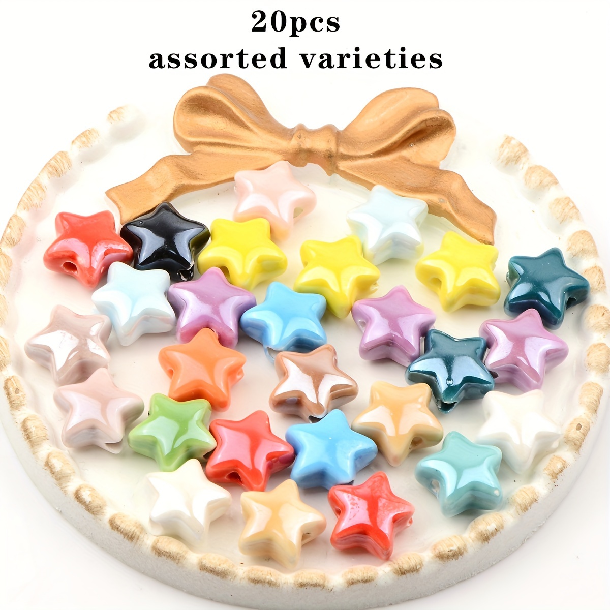 TEMU 20pcs Random Color 14mm Ceramic Five-pointed Star Beads & Bead Assortment, -shape Spacer Beads, Cute Pentagram Ceramic Beads For Jewelry Making,