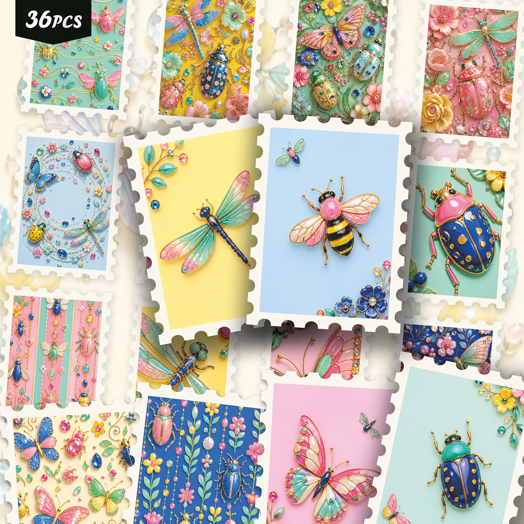 TEMU 36pcs Jewel- Whimsical Insect & Floral Sticker Set, Shiny Enamel-style Dragonfly Bee Stickers For Scrapbooking, Journaling, Planner, Notebook,