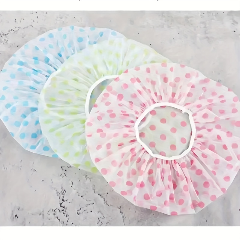 3pcs colorful polka dot shower caps thickened high quality bath hats with elastic band green   patterns for spa salon home use shower accessories details 4