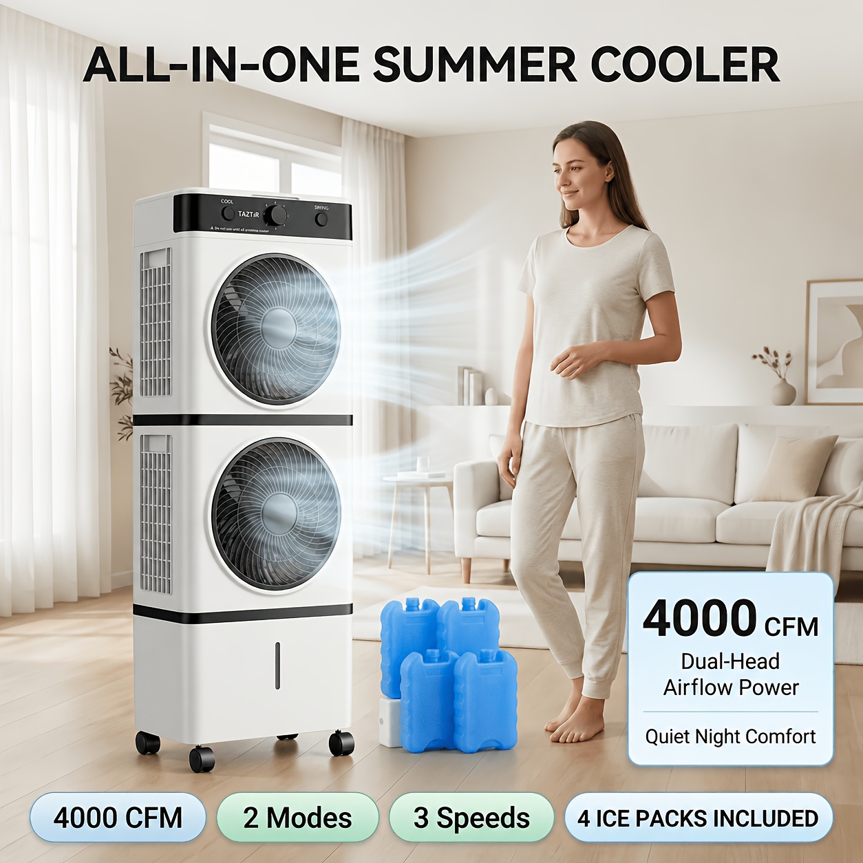 TEMU Portable Dual-head Cooler Fan, Large 4000 Cfm Power, 180° Vertical Swing, 30-40db Quiet Mode, 2 , 3 , Smooth Rolling Wheels, Packs Included, For