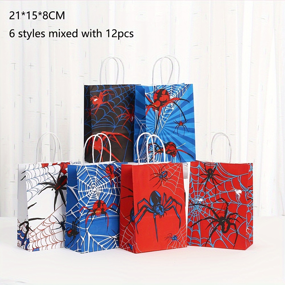 

12-pack Spider-themed Kraft Paper Gift Bags For Birthday Parties, Festivals, And Decorative Party Favor Bags