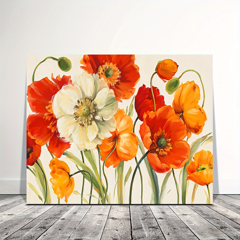 

1pc Wooden Framed Canvas Painting, Flower Framed Artwork Orange Poppies Picture Elegant Floral Canvas Wall Art, 11.8inch*15.7inch Eid Al-adha Mubarak