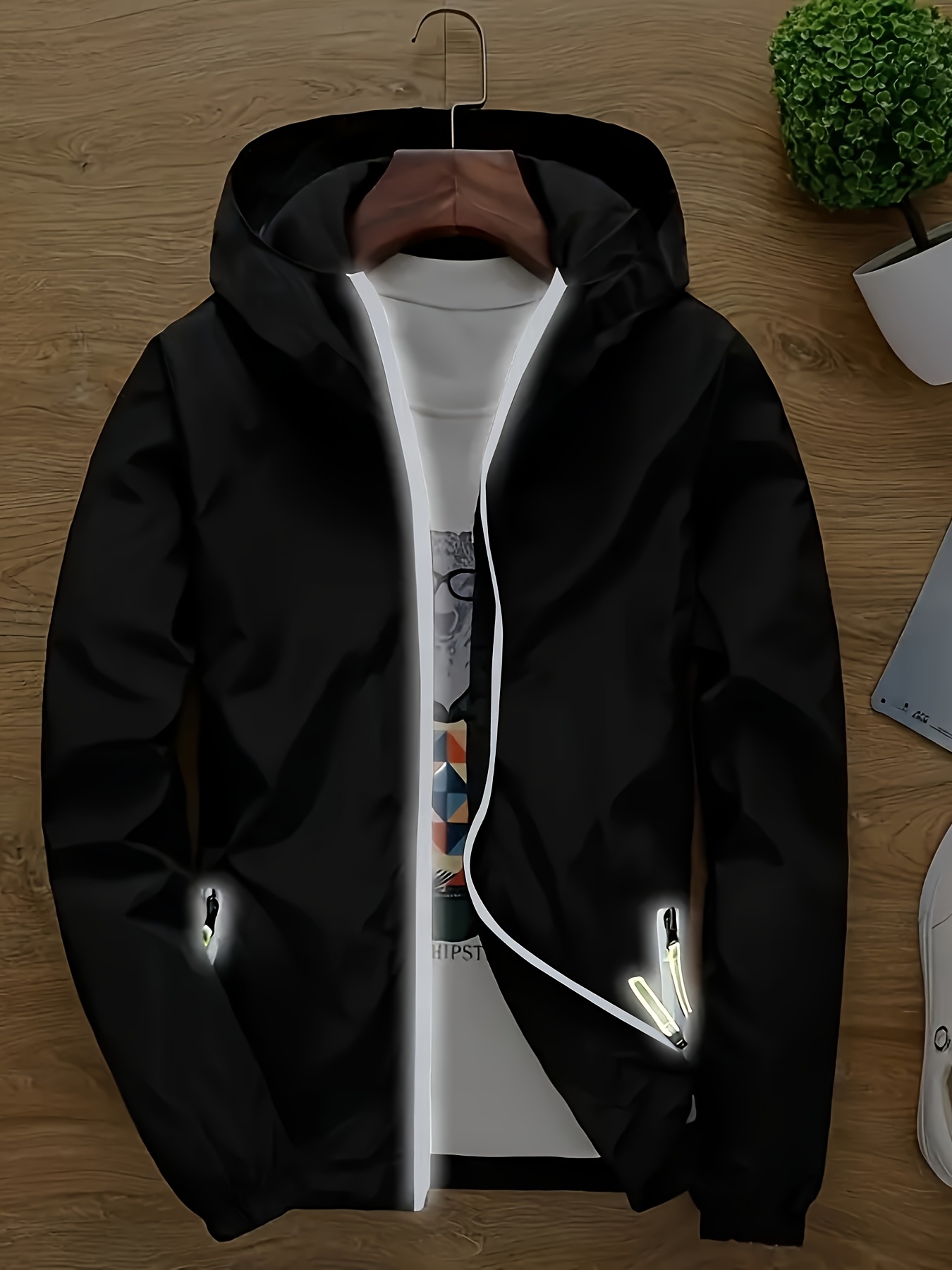 Unisex Summer Hooded Jacket with Reflective Zipper Design, Ultra-Thin Breathable Quick-Dry Windproof Sports Coat for Outdoor Night Running, Cycling, Fishing Sun Protection Top - Loose Fit Hooded Zip-Up Shirt