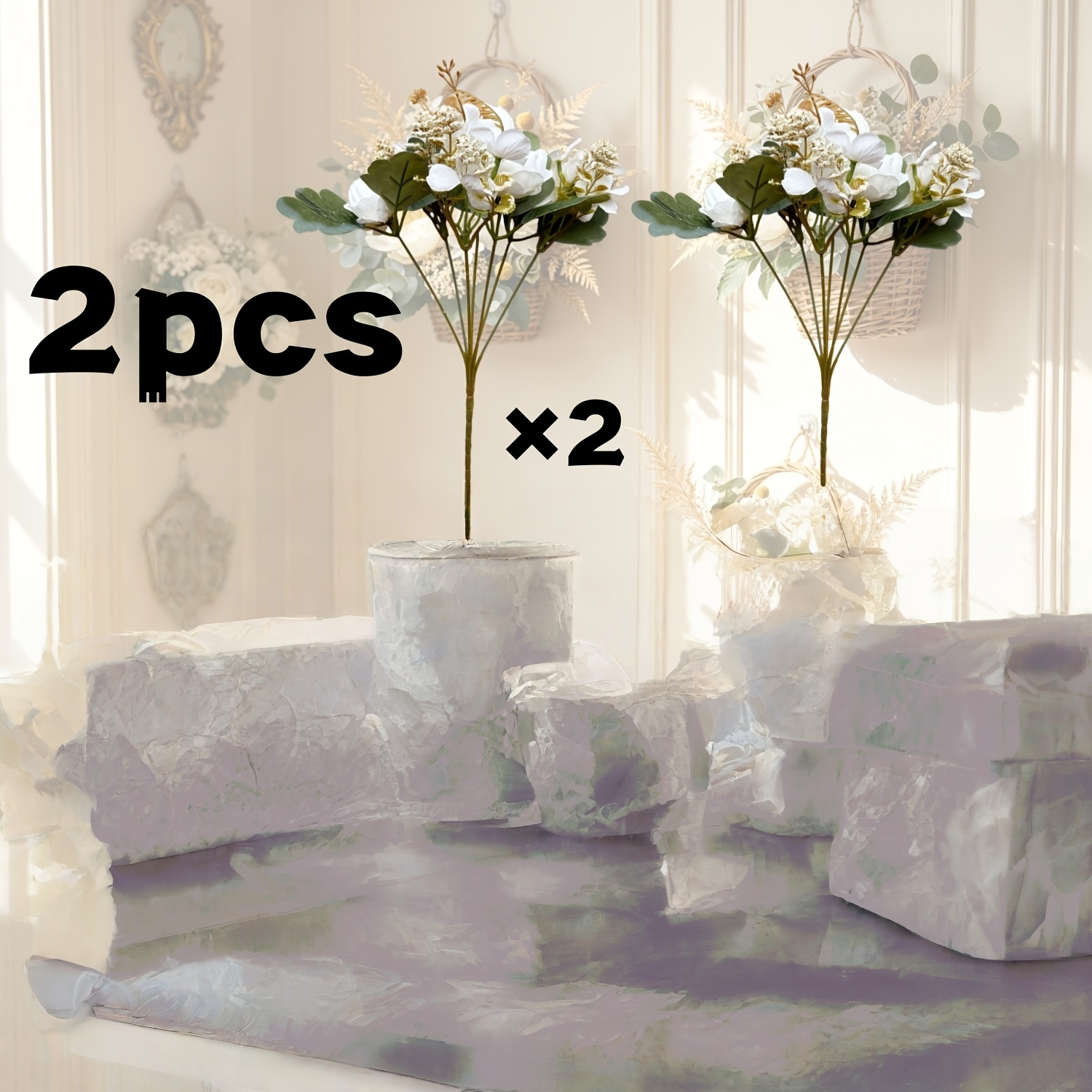 Image of 2pcs White High- Hydrangea Petal Fake Bouquet 2pcs - Snowflake Fabric - - Suitable For Home Decoration - , Coffee Shop Decoration, Shooting Props, Christmas Decor, Halloween Decor