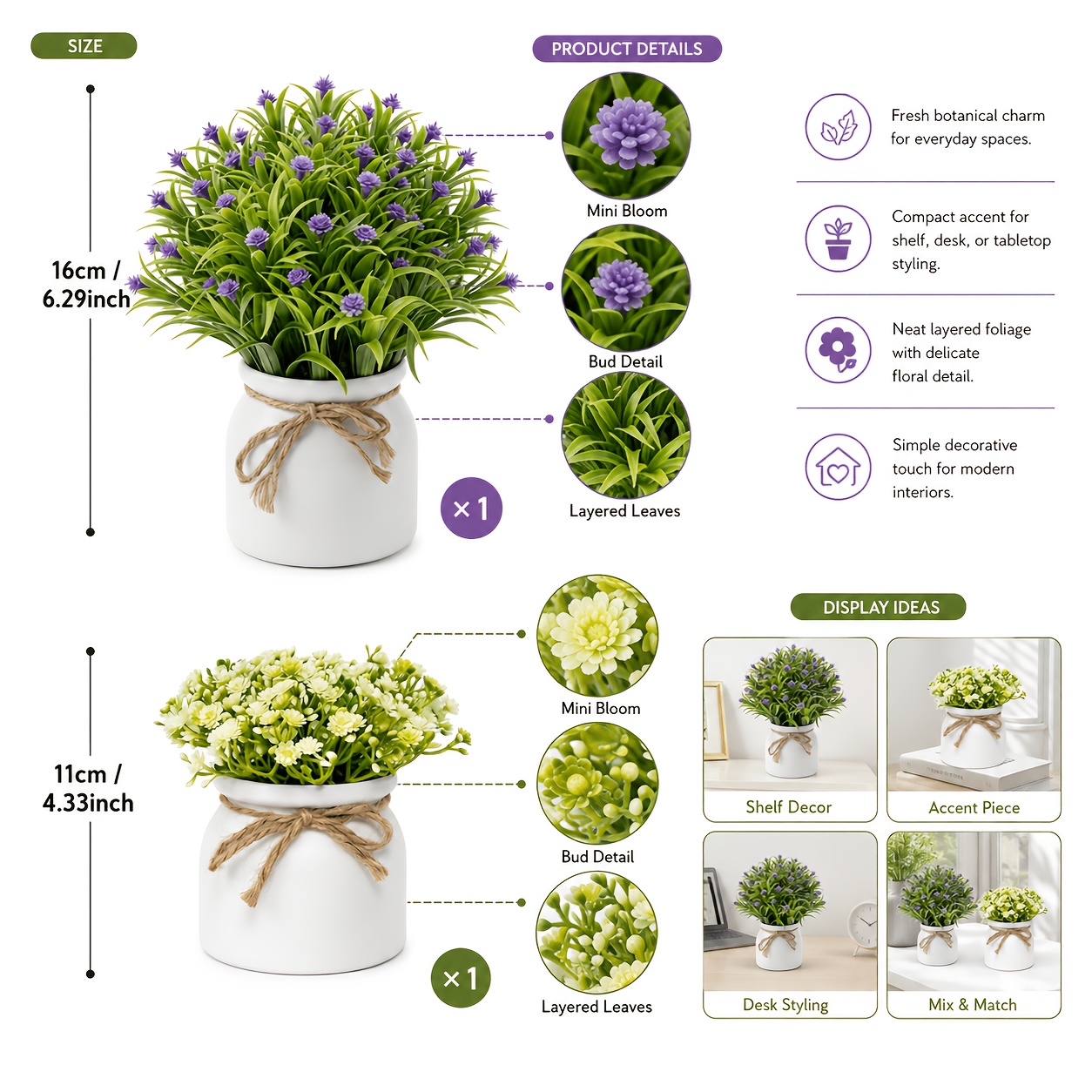 TEMU 2pcs Set: Purple Artificial Small Potted Plant + White Baby's Breath Artificial Potted Plant, Autumn Artificial Floral Desktop Decor, Evergreen