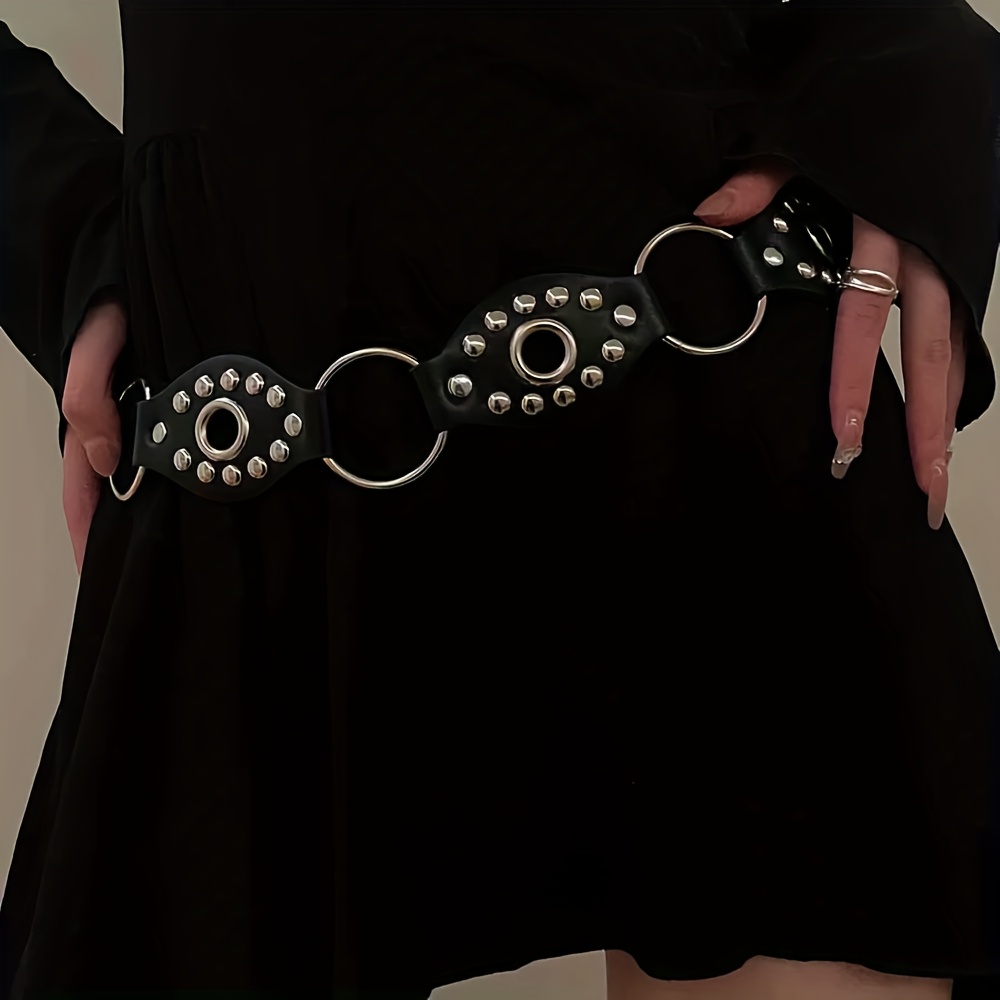 1pc Hot Ins Retro Round Ring Studded Belt Flying Ring Design Half-body Waist Belt
