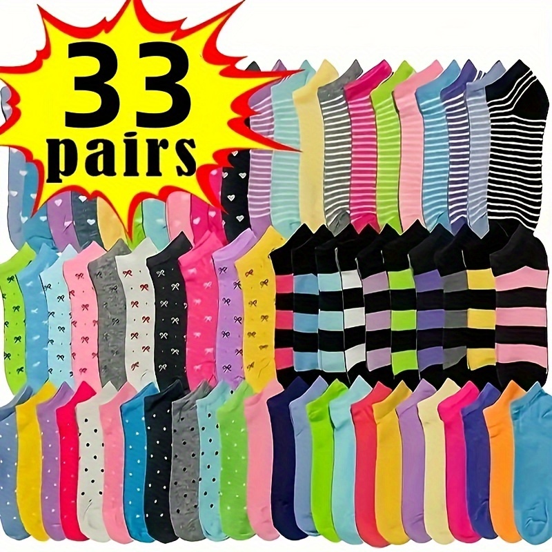 

33-piece Teen Girls' Fashionable & Cute Low-cut Socks - Breathable, Soft & Stretchy Cotton Blend For All Seasons