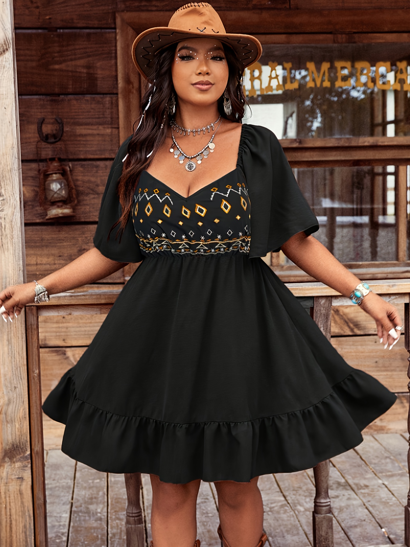 white christmas dresses Plus Size Boho Floral Long Dress Black / 4XL main image 1