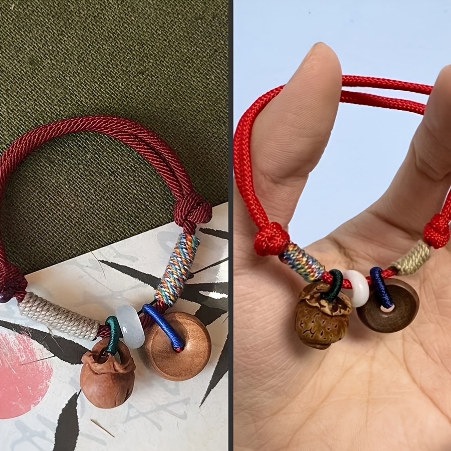 Image of Adjustable Chinese Good Luck Bracelet With Peach Wood Beads & Red String Safety - Unisex For , Suitable For Men And Women, Lunar New Year Gift, Daily Wear, Accessory For Couples And