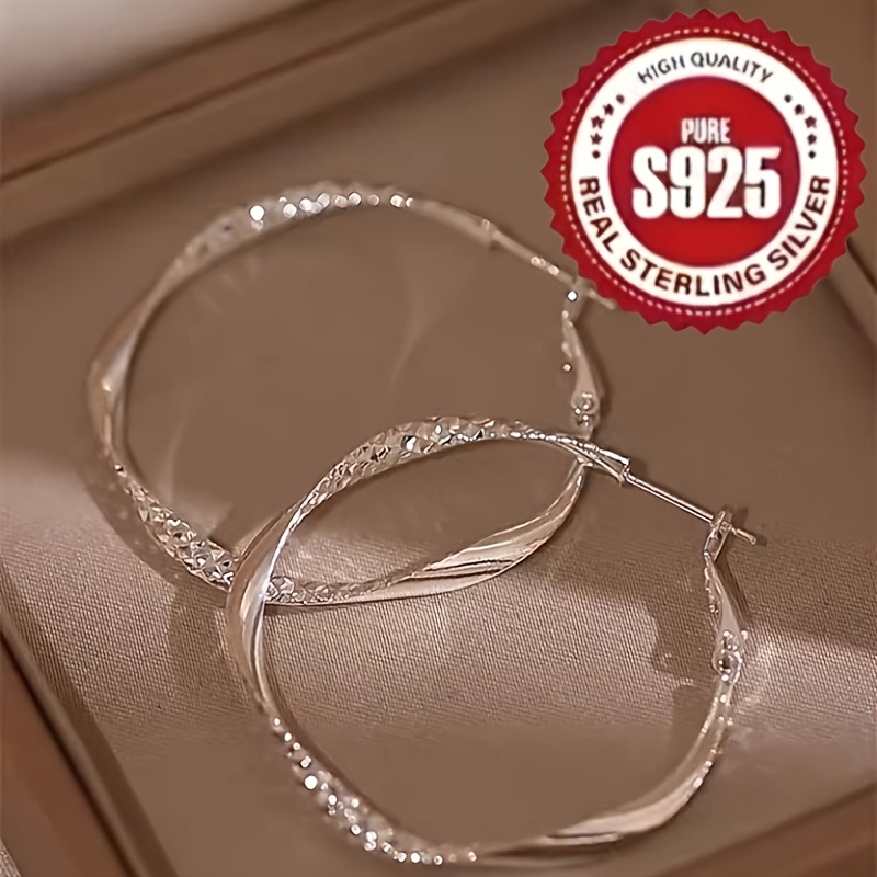TEMU 2pcs Minimalist Twisted Hoop Earrings Made Of S925 Silver, Featuring A Cool And Textured Round Shape, Stylish And Elegant For Women., Earrings Set For Women