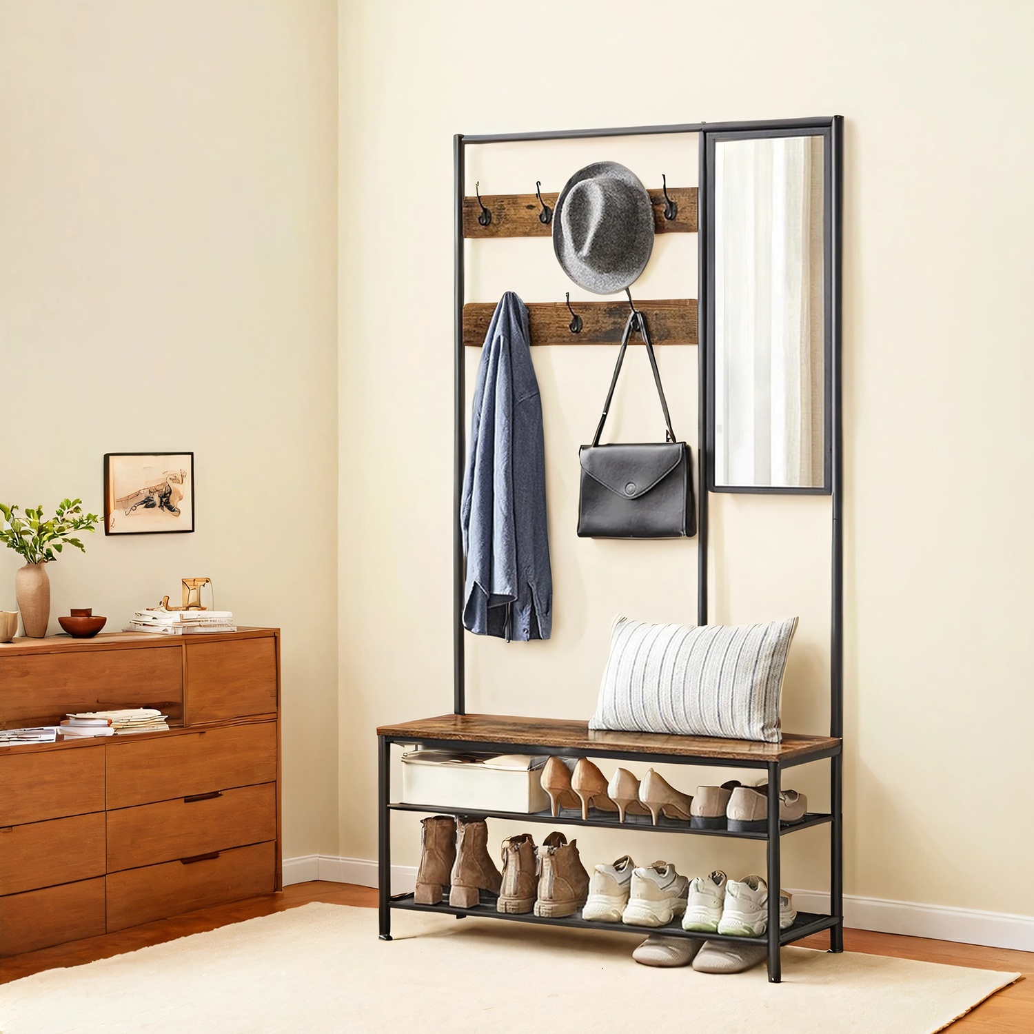 Image of A Coat Stand With Hooks, A Mirror, And A Bench, Suitable For The Entryway, Bedroom, Or Living Room, Featuring An In Brown And Black