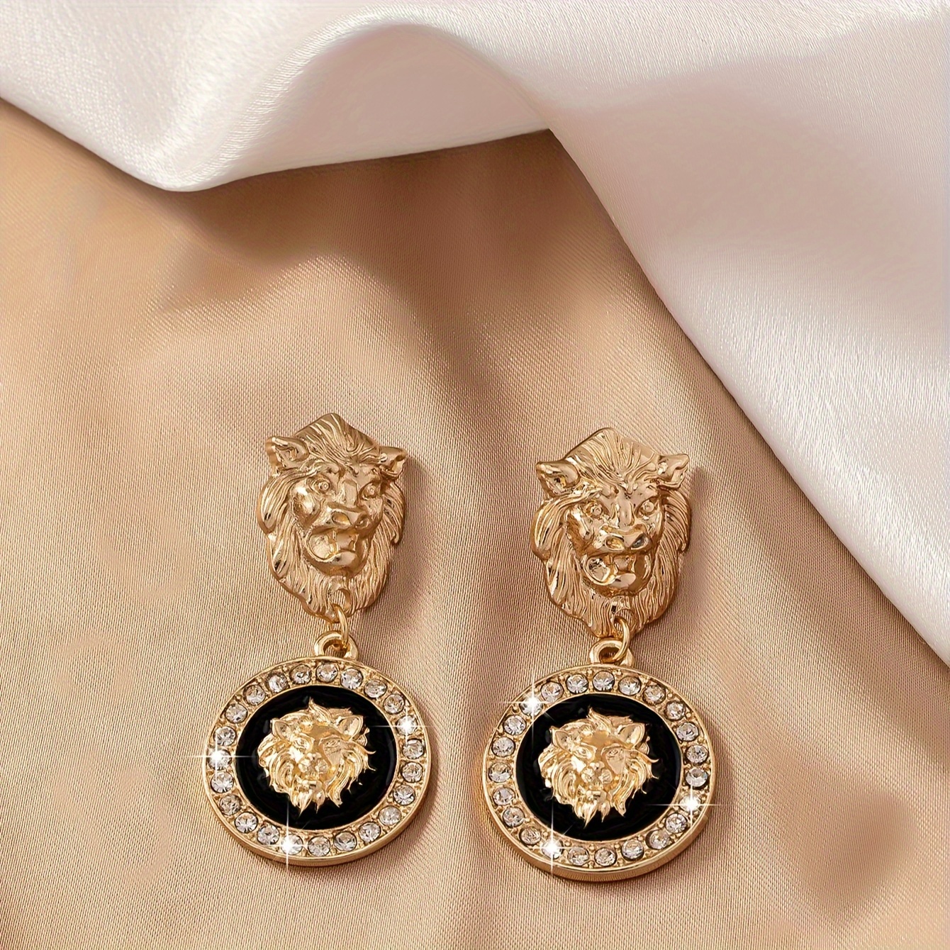 Vintage Lion Head Dangle Earrings with Gemstones