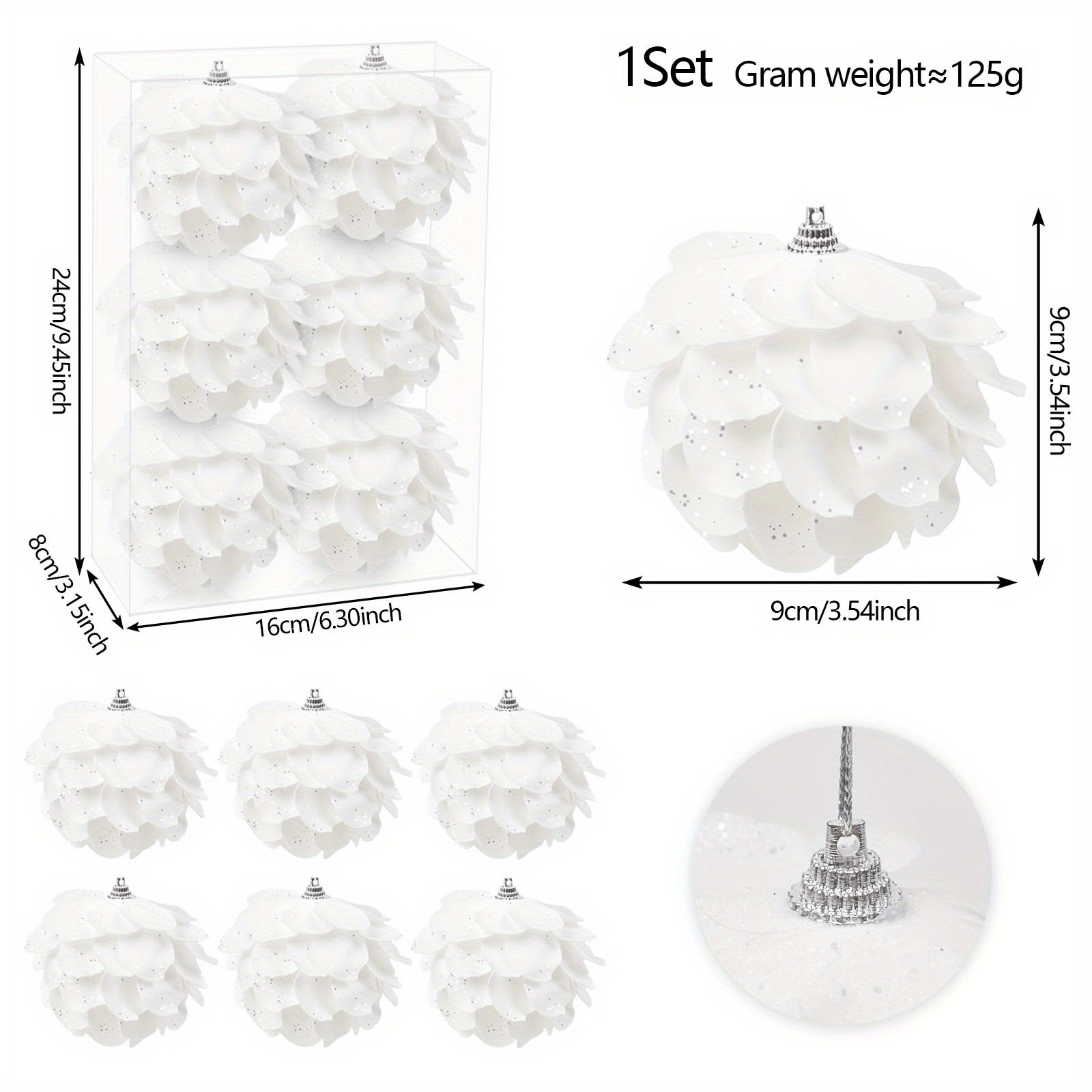 Image of 6pcs 3.94-inch White Hanging Christmas Tree Ball Ornaments With Leaf Design, For Christmas Tree Decoration, Diy Christmas Tree Hanging Balls, Holiday Decor