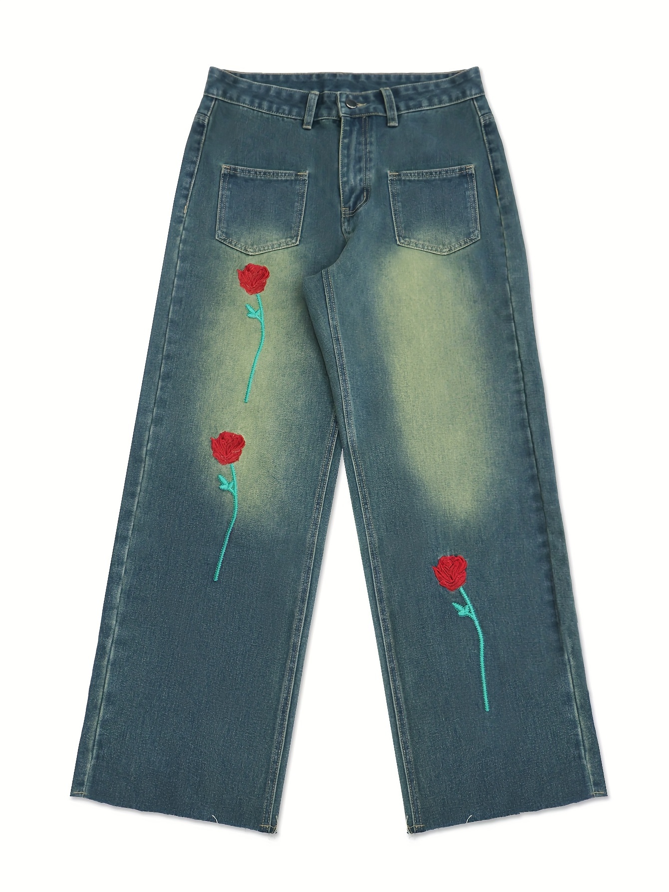 embroidered rose floral denim jeans loose fit wide leg Temu