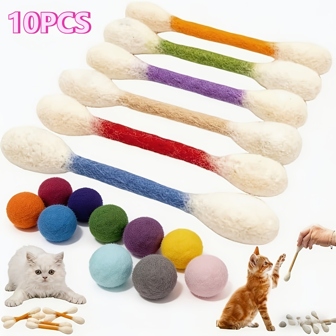TEMU 10pcs Random Color Kitten Interactive Wand + Random Color Self-play Ball, Random Toys, Suitable For Indoor Boredom, Durable Teething Rope, Gift