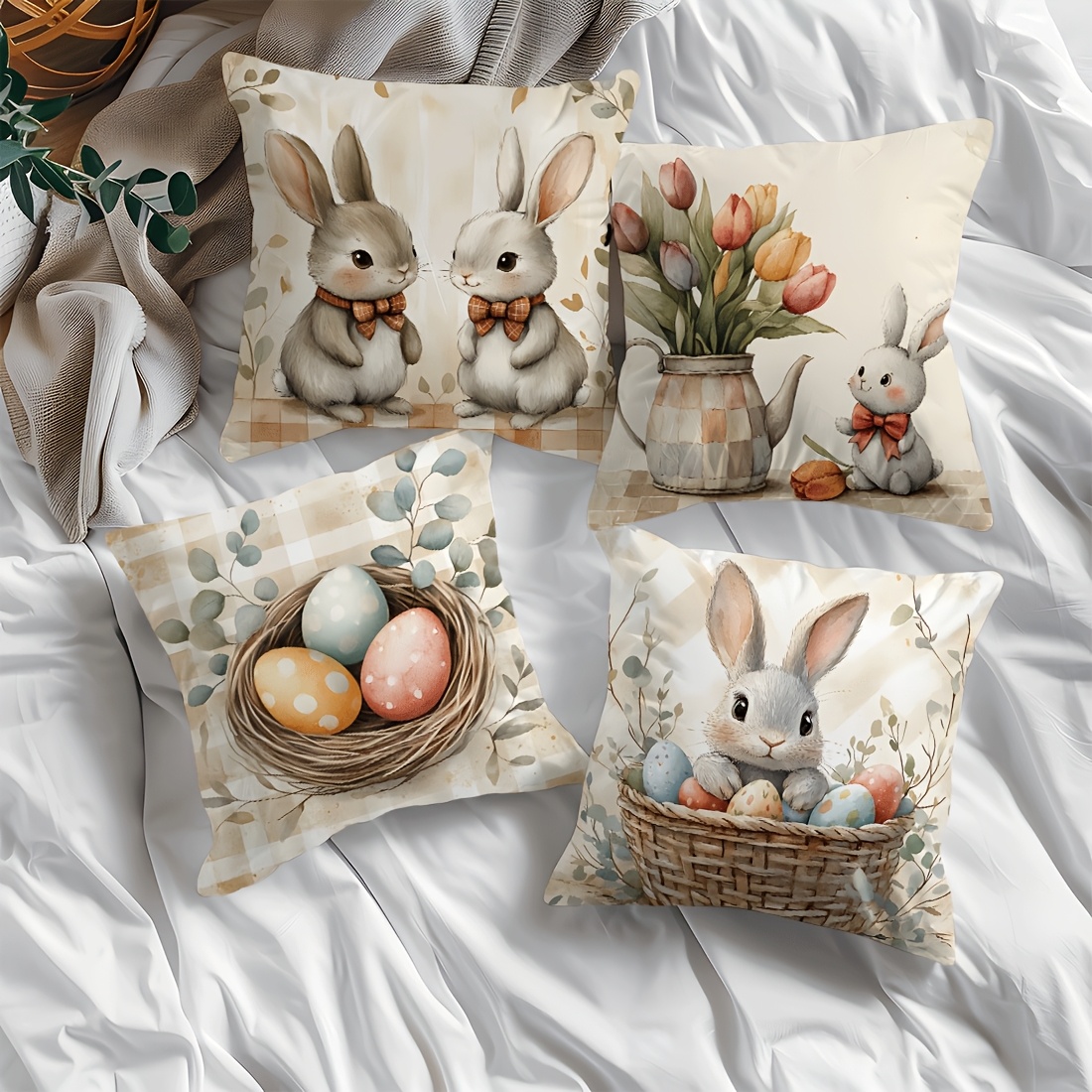 

4-pack Traditional-style Easter Bunny & Throw Pillow Covers, 17.7x17.7in, Machine Washable Polyester Cushion Cases With Zipper Closure For Home Decor, Sofa & Bedroom - Pillow Inserts Not Included