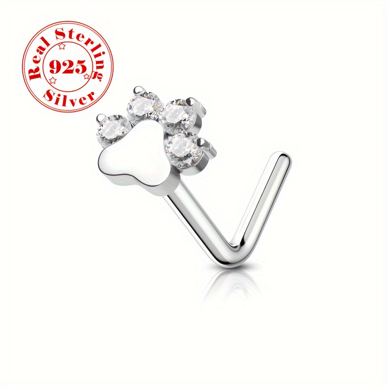 

S925 Sterling Silver Trendy Nose Stud Silver Dog Footprint Nose Stud Cubic Zirconia Decor Paw Print Nose Piercing Jewelry 0.5g
