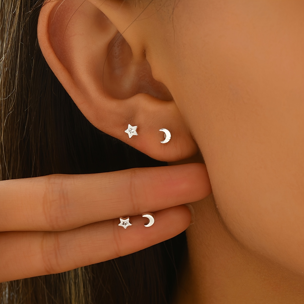 

4pcs/set: Fashionable, , Simple, Star And Moon Stud Earrings