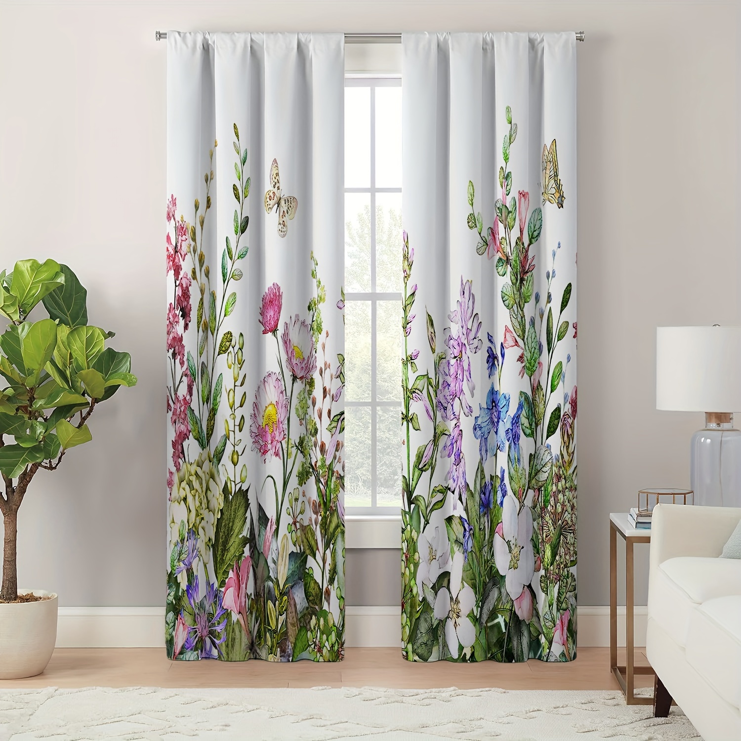 

Boho Floral Jacquard Polyester Curtains 2pcs Set With Tie Backs For Living Room - Machine Washable Artistic Flower Pattern Drapes