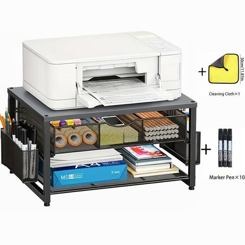 heavy duty metal printer stand with storage drawer 2 pen holders 2 tier all in organizer compatible for printer fax machine files space saving portable desktop table for home office