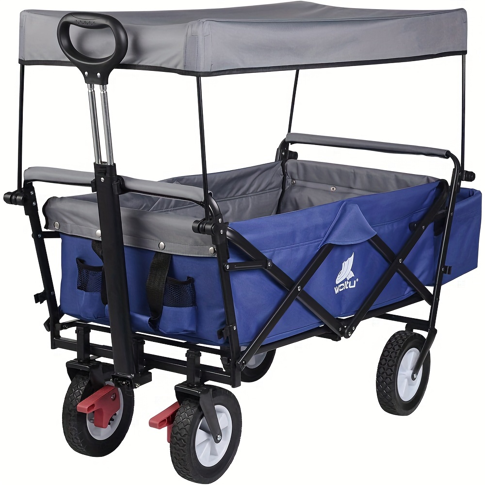 TEMU Woltu 1pc Foldable Garden Hand Cart With Detachable Canopy And Telescopic Handle, Iron Construction, Brake Wheels, No Assembly Needed, 80kg Load