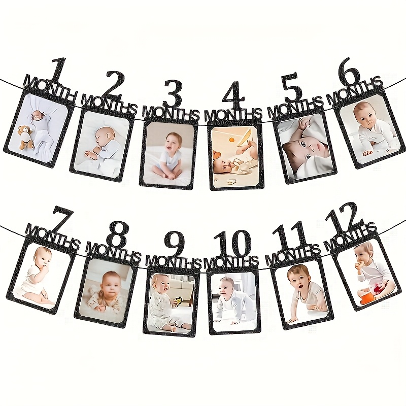 12pcs 1st Birthday Photo Banner, Golden Glitter Growth Chart 1 To 12 Month Photo Props, Monthly Milestone Dec Flags, First Birthday Celebration Supplies