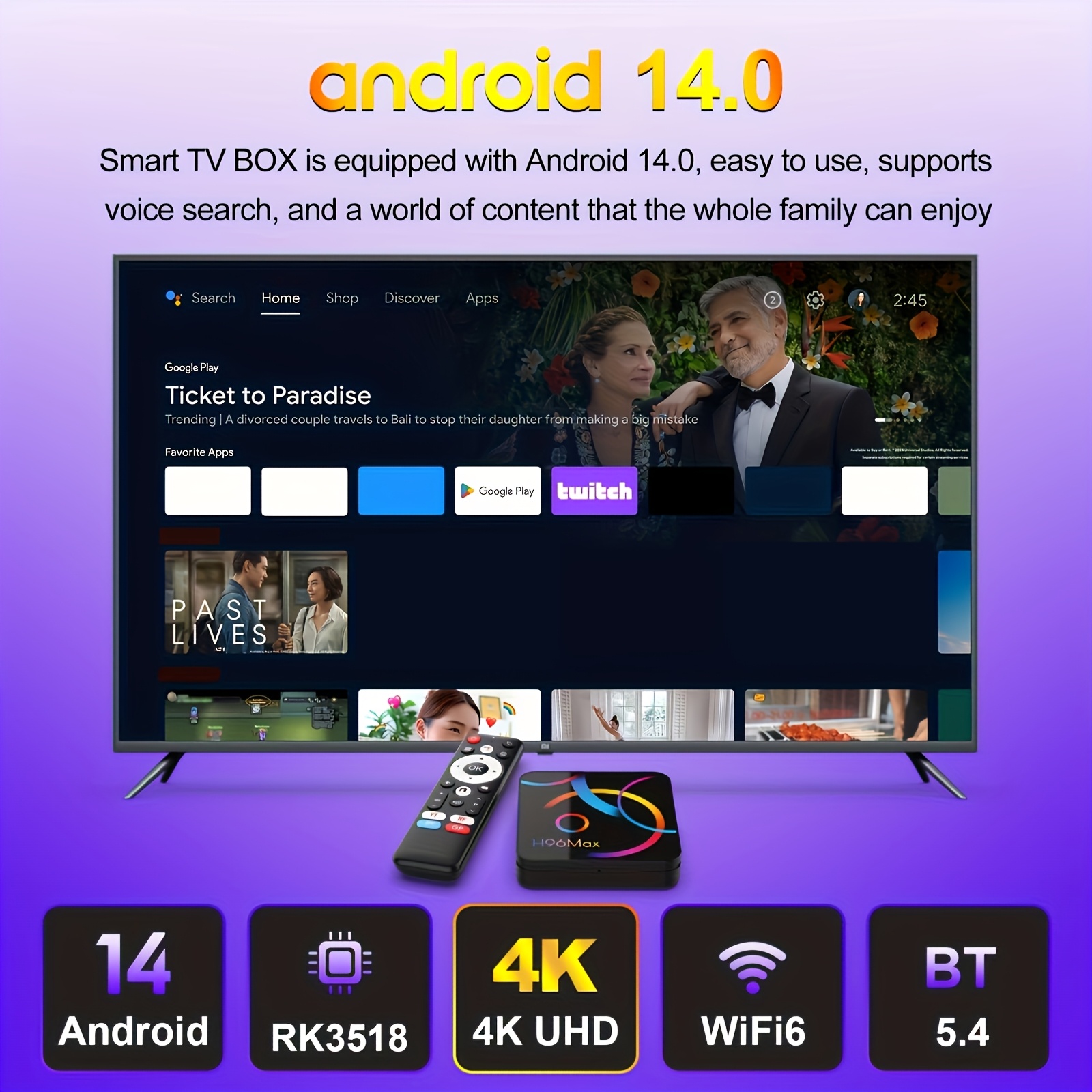 H96 MAX RK3518 Android 14.0 Smart TV Box | 4K@60fps HD, 3937.01inch Ethernet, Wi-Fi 6, BT 5.4, Google Assistant, HDR10, Stereo Sound, Durable Design - Google Play & Google Assistant Compatible