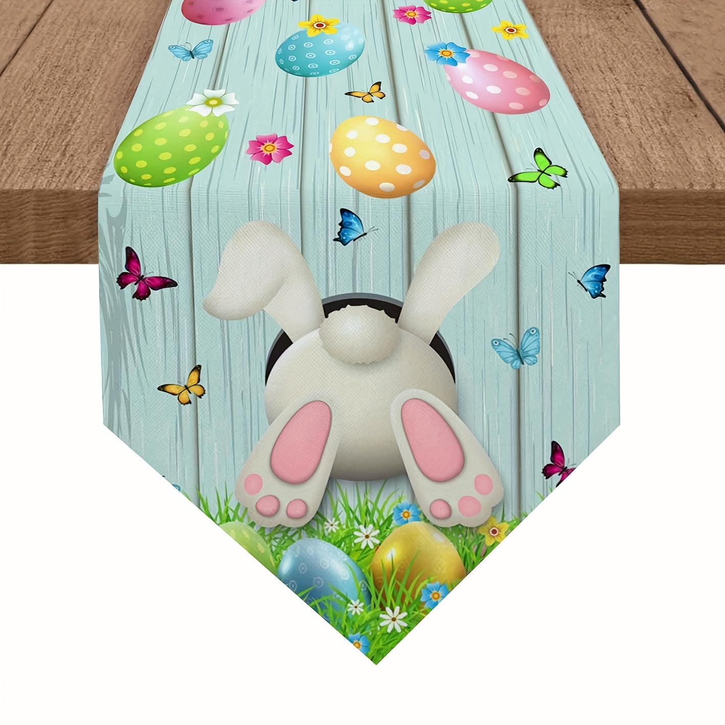 

1pc Easter Bunny Table Runner - Linen Farmhouse Style With Wood Grain, Spring Eggs & Butterflies Design For Weddings, Graduations, And Banquets