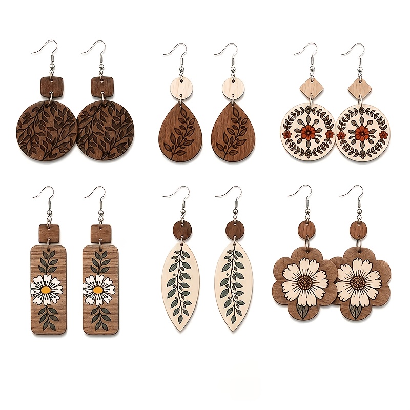TEMU 12pcs/6 Pairs Women's Bohemian Dangle Earrings Wooden Boho Jewelry Featuring Round, Leaf, And Flower Pendants With Wood Grain Designs; Suitable