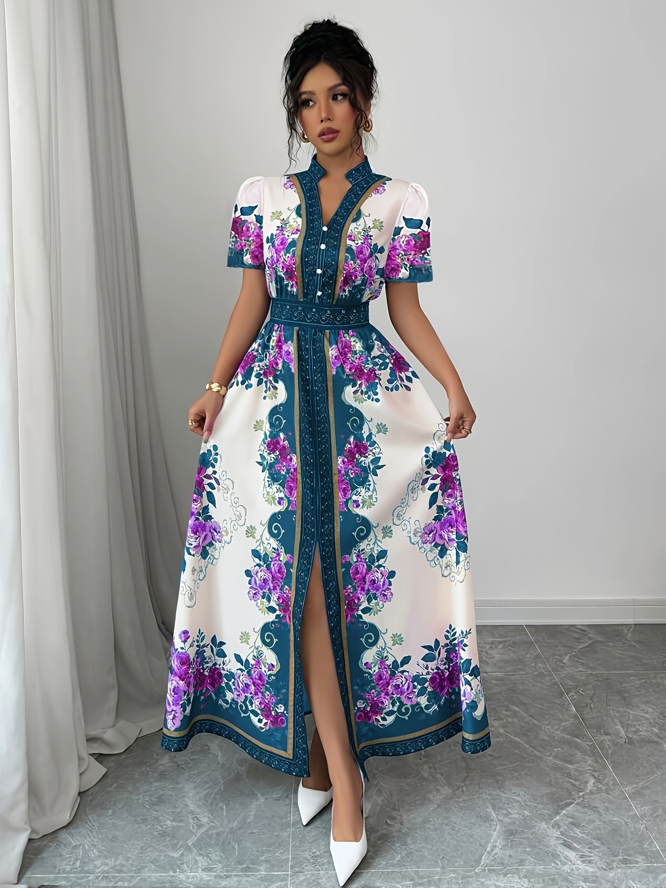 womens floral print elegant a line dress with stand up collar puff short sleeves machine washable summer long dress with side   regular fit for casual formal occasions cute dresses Product details 14