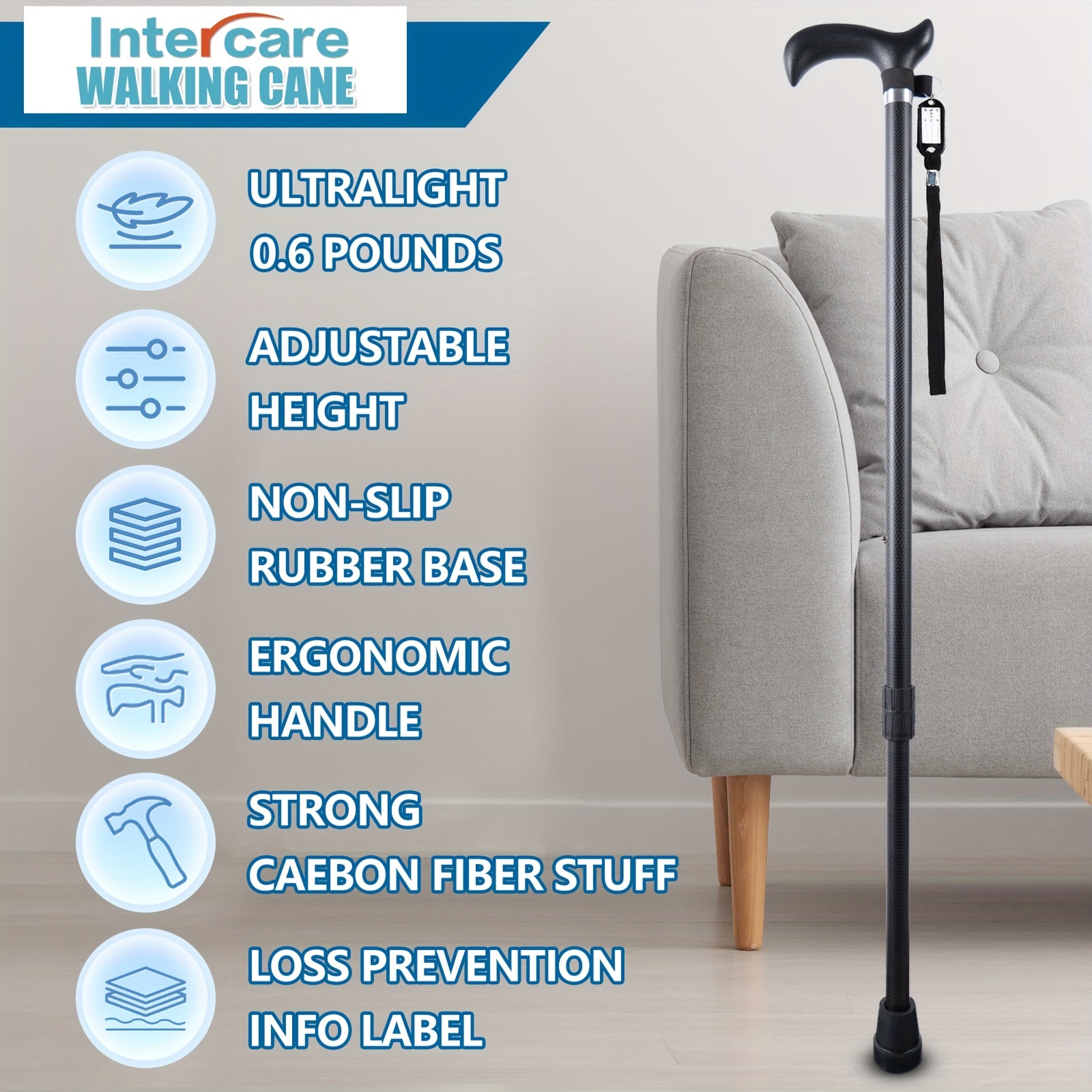 Cane for Men, Canes for Women for Stability, Cane for Women with 10 Adjustable Heights, Cane for Seniors Balance, Carbon Fiber Cane Ultralight 272.16 g, Black Matte.