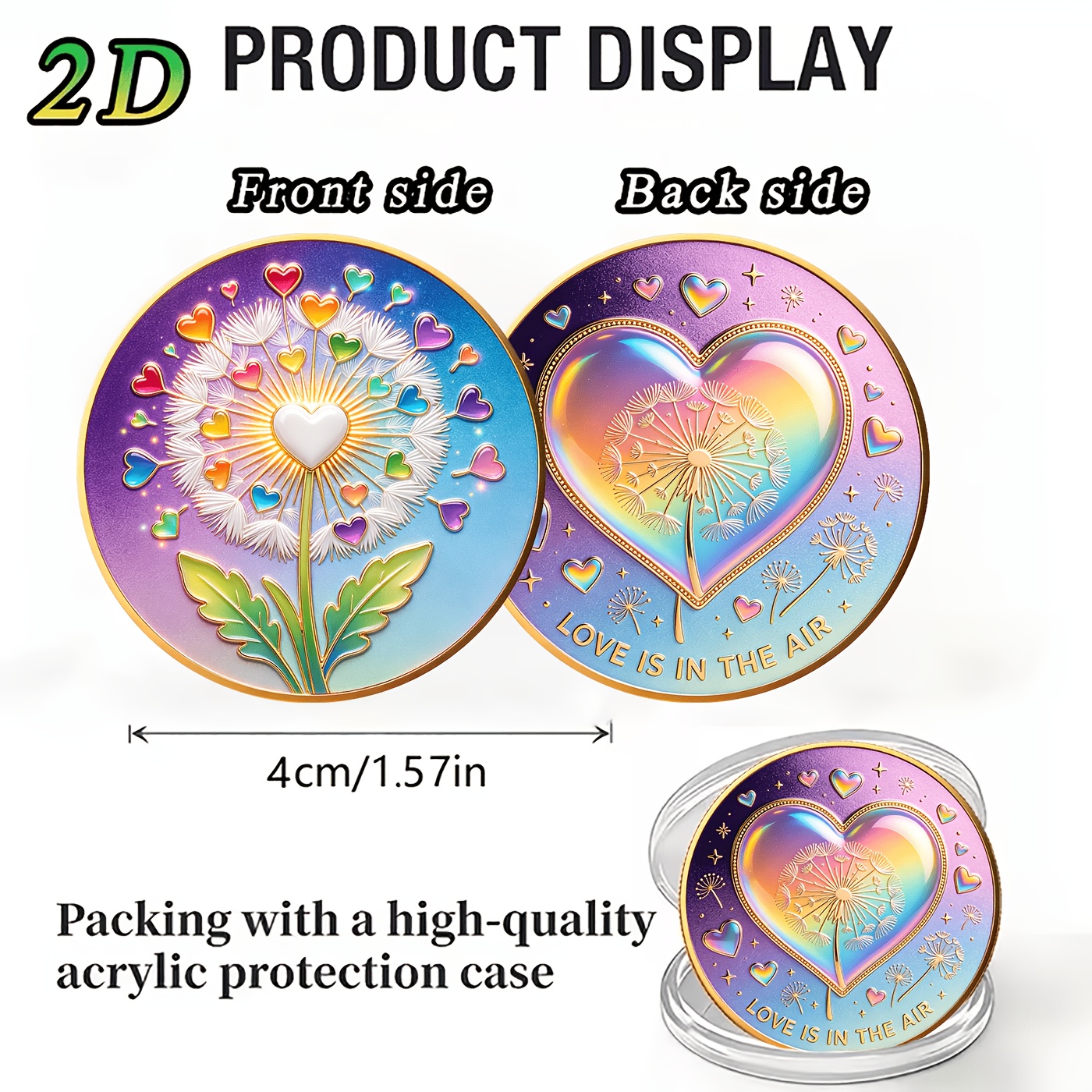 TEMU 1pc 2d Double-sided Decorative Metal Commemorative Coin, Iridescent Dandelion Fluff Heart Pattern Exquisite Craft Desktop Ornament, 's Day