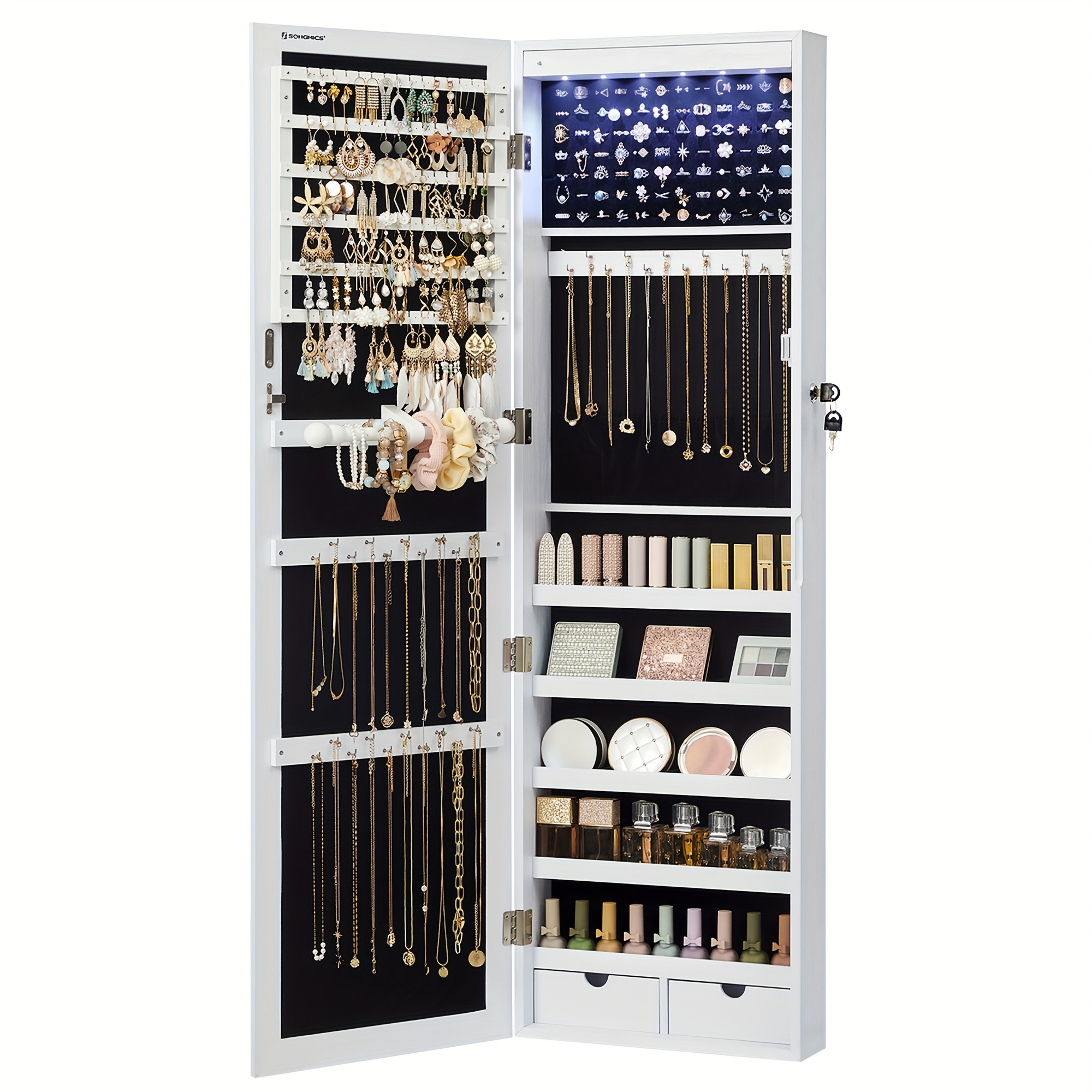 

1pc 6 Led Lights Mirror Jewelry Cabinet, 47.2 Inch Tall Lockable Wall/door Mounted Jewelry Armoire Organizer, With Mirror And 2 Drawers, 3.9 X 14.6 X 47.2 Inches