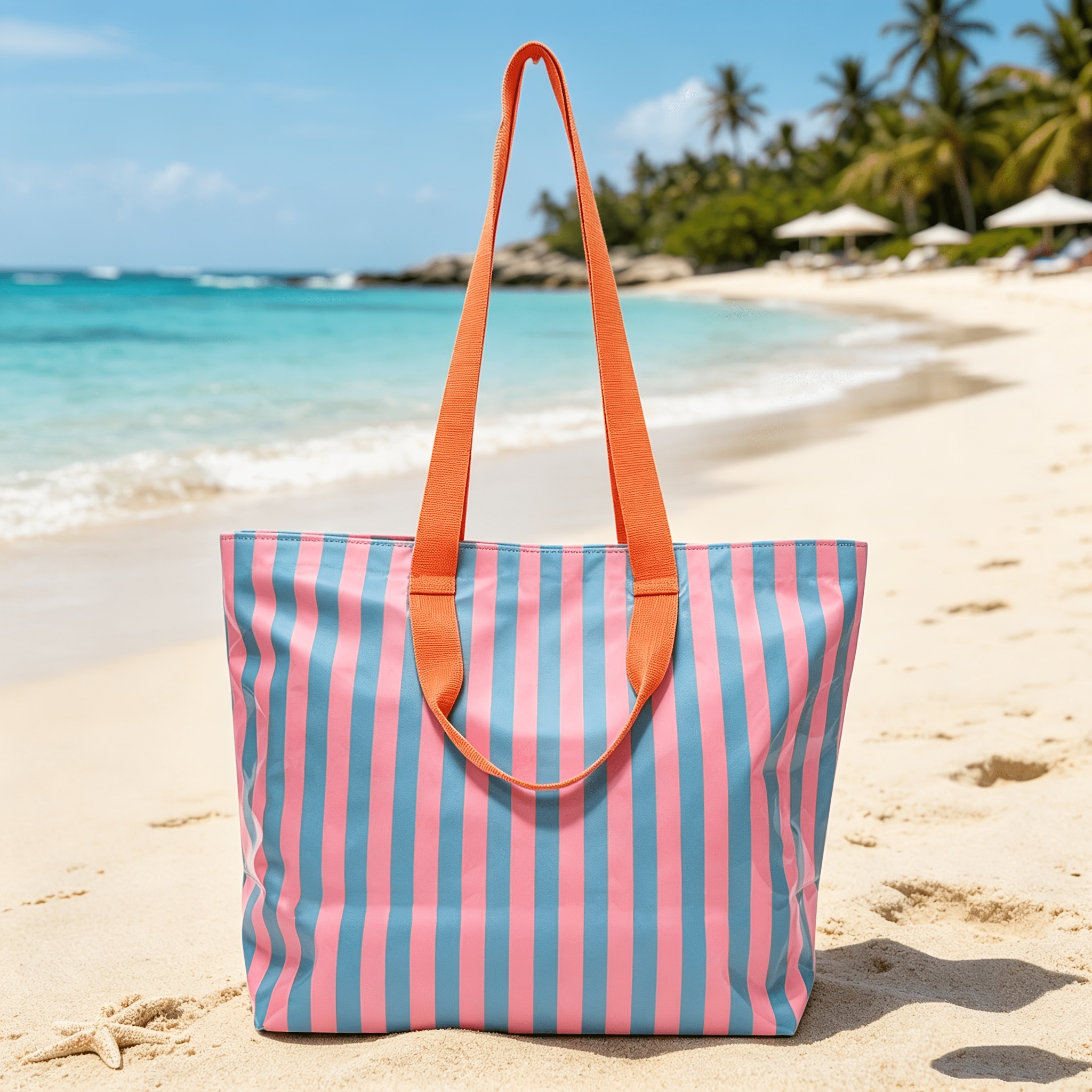 TEMU 1pc Pink Green Striped Beach Tote Bag, Large Capacity Shoulder Bag, Casual Travel Handbag With Inner Zipper Pouch, Suitable For Beach, Pool, And