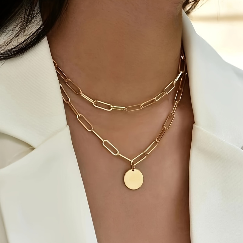

1pc Elegant & Sexy Layered Stainless Steel Necklace Oval Chain Necklace For Women, Fashionable Double Strand Chain With Disc Pendant Jewelry For Party